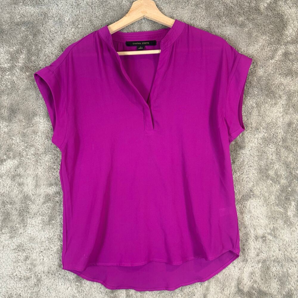 Cynthia Steffe Pink Purple Blouse Top S Magenta Plum Cap Sleeve Split Neck